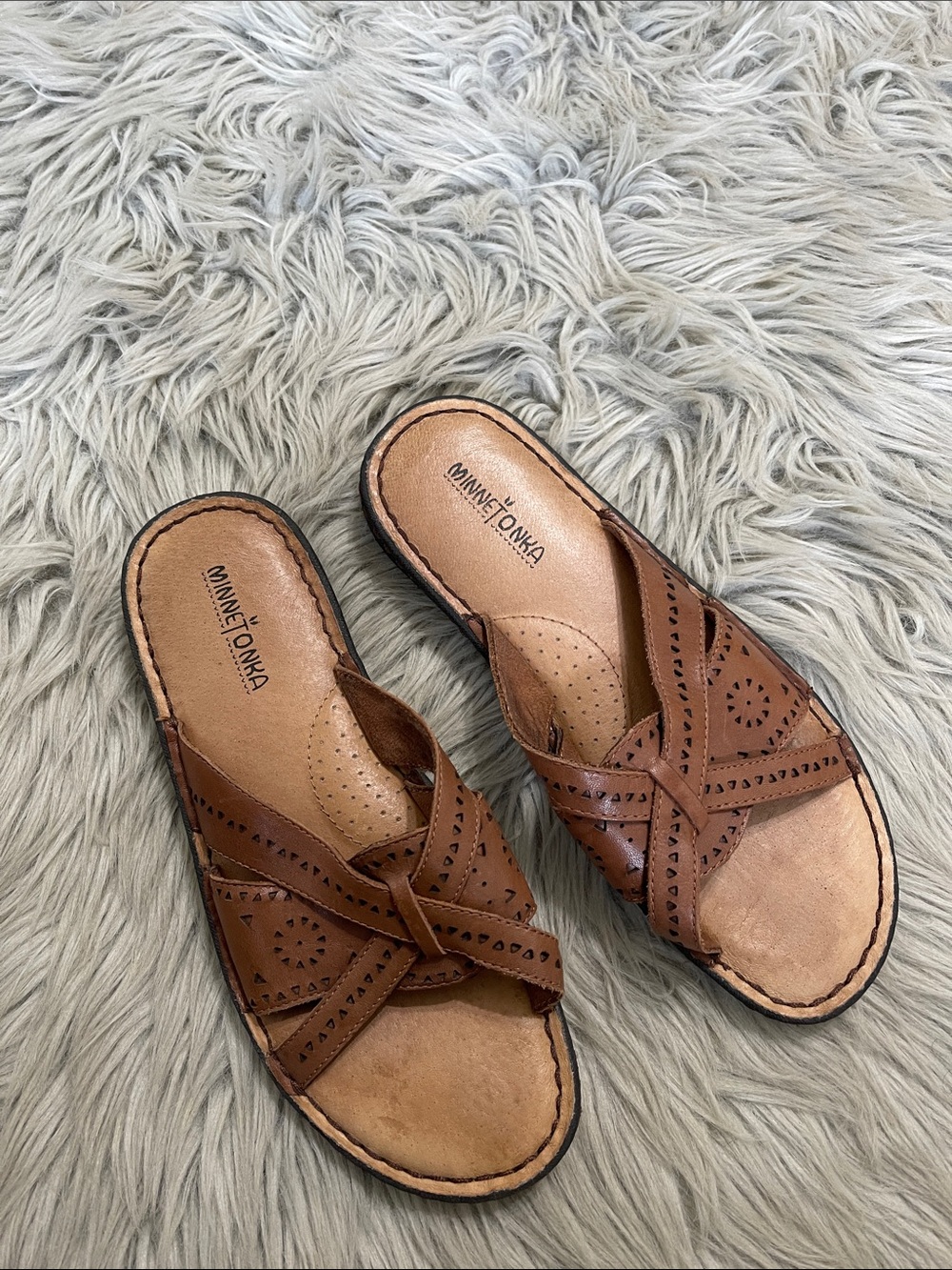 Minnetonka Brown Leather Laser-Cut Cross Strap Slide Sandals